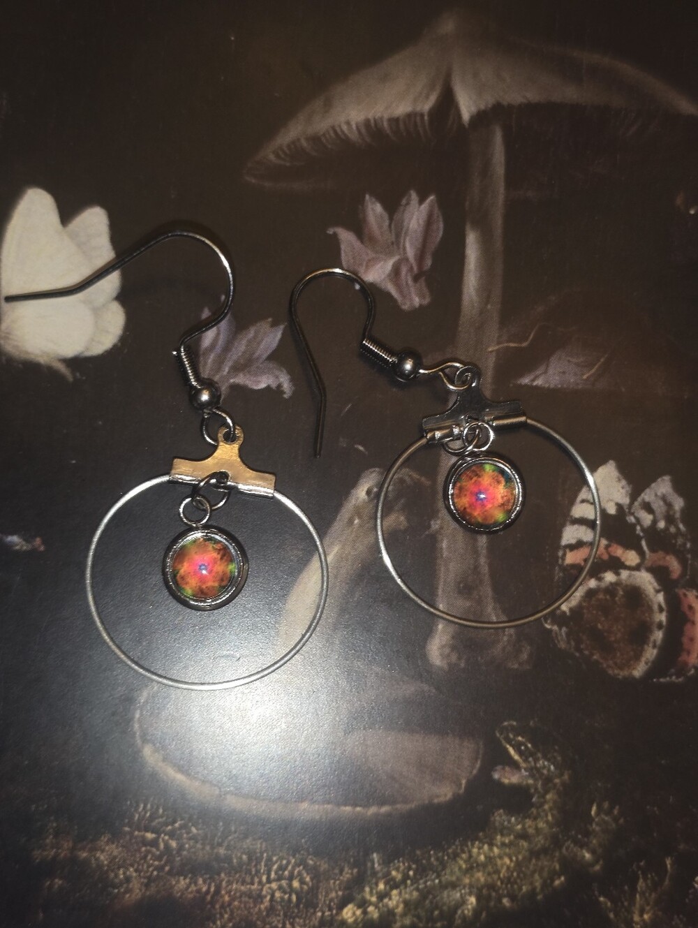 Fiery Glass Cabochon With Silver Tone Hoop Around Gem On Earring Hooks